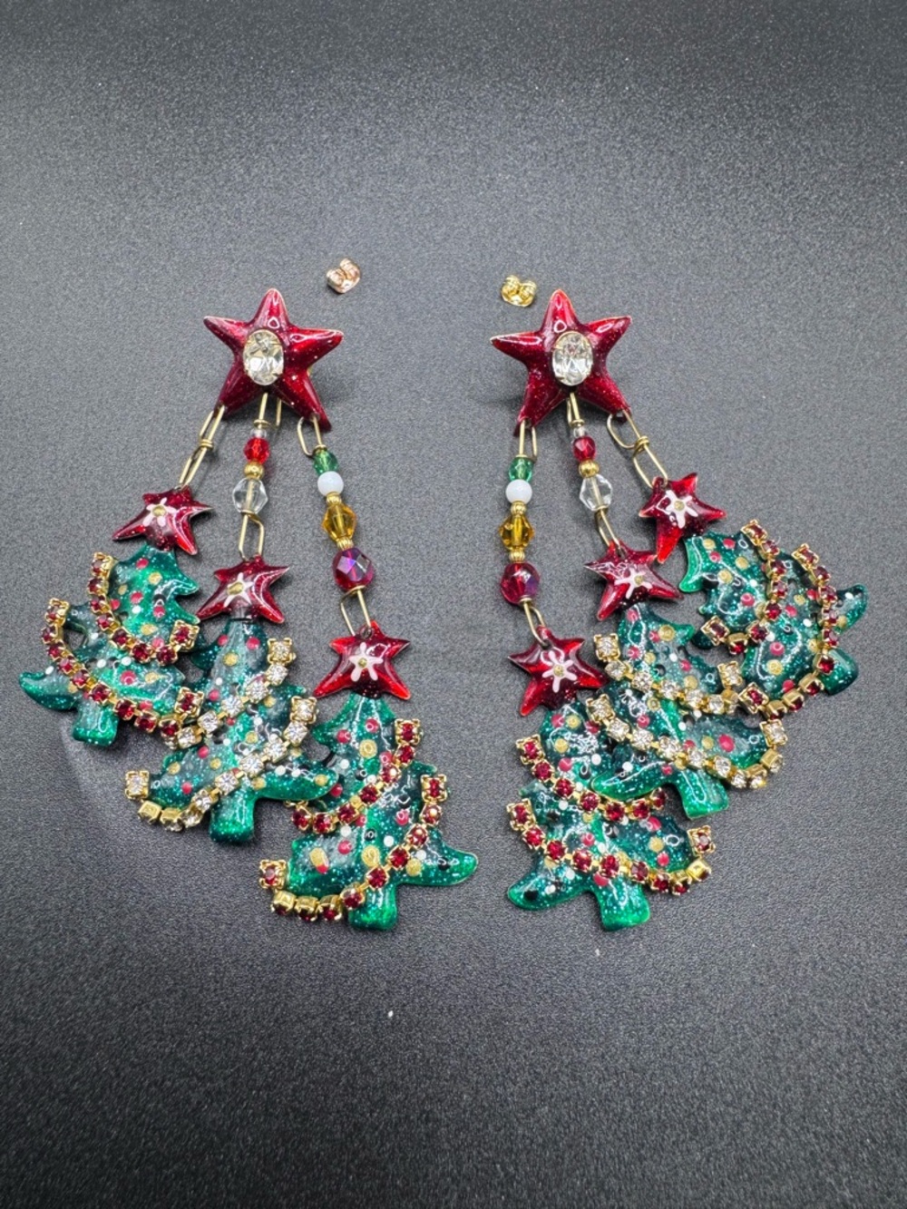 Lunch At The Ritz Christmas Tree Farm Crystal Gold Tone Dangle Pierced Earrings